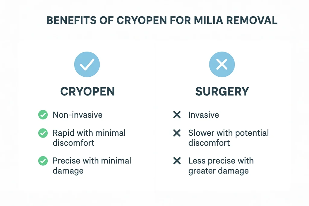 Benefits of cryopen for milia removal Lower Sydenham compared to surgical treatments.