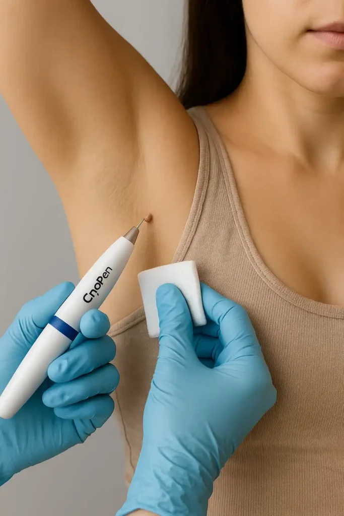 woman having cryopen to remove underarm skin tags Lower Sydenham