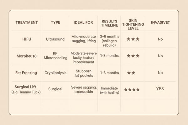 Table showing the comparisons of Skin tightening Lower Sydenham treatment options.